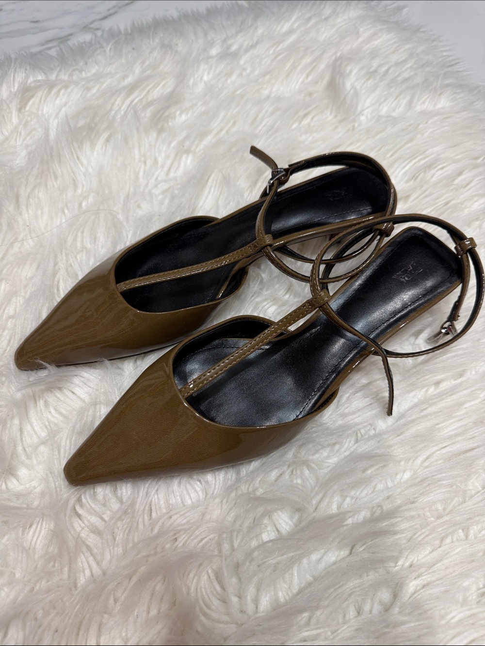 Zara Olive Brown Pointed-Toe T-Strap Heels